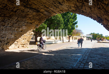 Woman rider on bike and couple walking as seen from under the Tiana Bridge in Seville, Spain Stock Photo