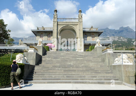 Oriental style southern garden facade of Vorontsov Palace in Alupka, Crimea, Ukraine. October 1st 2008, built 1828 to 1848 designed by Edward Blore an Stock Photo