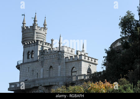 Neo-Gothic castle Lastivchyne hnizdo (Swallow's Nest) on top of the 40-metre high Aurora Cliff on Cape of Ai-Todor in Gaspra, Crimea, Ukraine. October Stock Photo