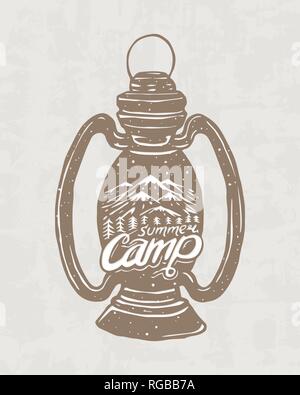 Kerosene lamp or candle or flashlight. Camping logo and label. Mountains and pine trees. Trip in the forest, outdoor and adventure. Colored badge on Stock Vector