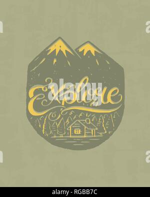 Camping logo and label. Mountains and pine trees. Trip in the forest, outdoor and adventure. Colored badge on the chalkboard. Hand drawn vintage pin. Stock Vector