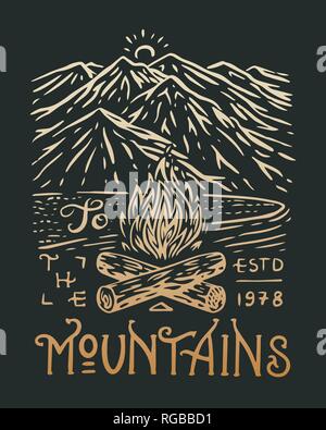 Camping logo and label. Mountains and pine trees. Trip in the forest, outdoor and adventure. Colored badge on the chalkboard. Hand drawn vintage pin. Stock Vector