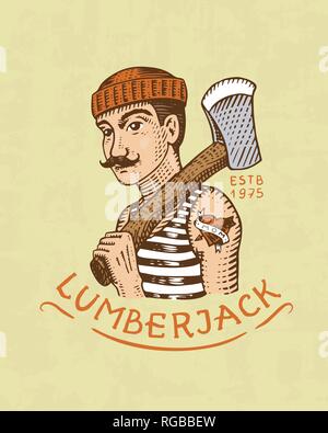 Lumberjack logo. Camping label. . Trip in the forest, outdoor and adventure and pine trees. Colored badge on the chalkboard. Hand drawn vintage pin. Stock Vector