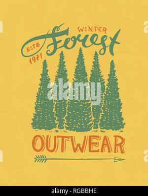 Hand drawn travel badge with pine trees vector illustration. Adventure ...