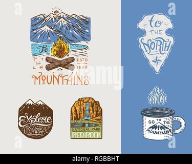 Camping logo and labels. Mountains and pine trees. Trip in the forest, outdoor, adventure is waiting. Colored badges on the chalkboard. Hand drawn Stock Vector