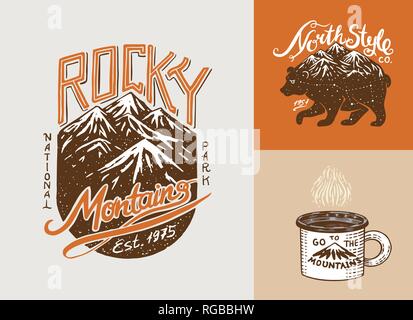 Camping logo and labels. Mountains and brown bear. Trip in the forest, outdoor and adventure. Colored badges on the chalkboard. Hand drawn vintage Stock Vector
