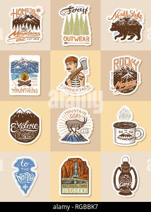 Camping logo and labels. Mountains and lumberjack, brown bear and goat, pine trees. Trip in the forest, outdoor, adventure is waiting. Colored badges Stock Vector