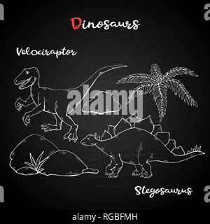 Vector Velociraptor and Stegosaurus on chalk blackboard Stock Vector