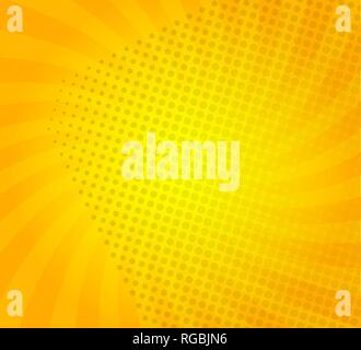 Sunburst on yellow background with dots. Template for your design, concept of hot summer. Spiral sun rays.Vector illustration. Stock Vector