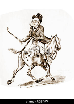 British political cartoon from 1904 showing Balfour who apparently approved of free trade AND its opposite, (protectionism)- Depicted  riding backwards on a horse - Arthur James Balfour, 1st Earl of Balfour (1848–1930), was a  British Conservative politician, Prime Minister of the United Kingdom (1902-1905), and is known for the Balfour Declaration,  announcing support for the establishment of a 'national home for the Jewish people' in Palestine. He opposed home rule for Ireland and also served as Foreign Secretary, Chief Secretary for Ireland, Lord Privy Seal, Secretary for Scotland etc. Stock Photo
