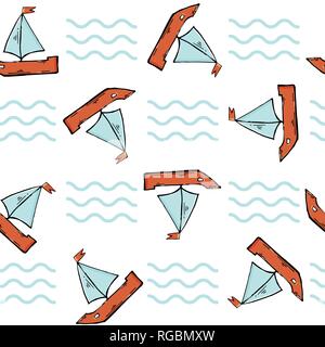 Vector seamless pattern with red boat on a white background. Stock Vector