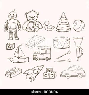 Vector toys set.Children toys collection with robot, duck Stock Vector
