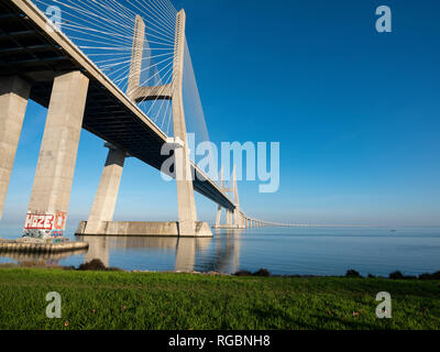Vasco De Gama Bridge Lisbon Portugal 2nd Longest Cable Stayed Bridge in Europe 7.6 miles long Stock Photo