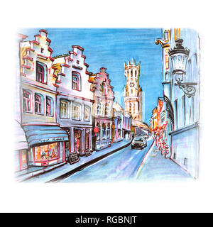 Street and Belfort in Bruges, Belgium Stock Photo