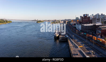 Montreal, Quebec, Canada, June 22, 2018: A panoramic view of the Old Montreal from the Jacques Cartier bridge Stock Photo
