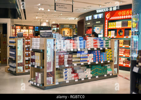 SINGAPORE - CIRCA SEPTEMBER, 2016: cigarettes on display at a store in Singapore  Changi Airport. Changi Airport is one of the largest transportation h Stock  Photo