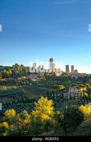 Italy, Tuscany, San Gimignano, cityview with gender towers in the morning light Stock Photo