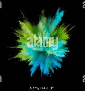 Colored powder explosion. Abstract closeup dust on backdrop. Colorful explode. Paint holi Stock Photo