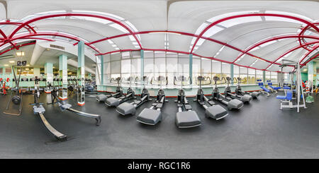 360 degree panoramic view of MINSK, BELARUS - SEPTEMBER 10, 2017:  360 angle panorama view in interior of sport gym with equipment and simulators. Full 360 degrees seamless equire