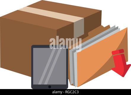 tablet cardboard box and folder downloading files Stock Vector