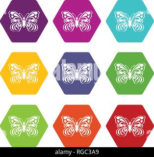 Butterfly with abstract patterning on wings icons set 9 vector Stock Vector