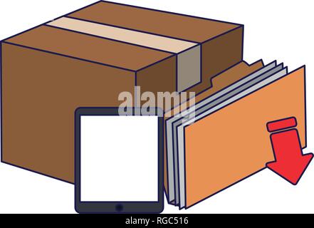 tablet cardboard box and folder downloading files blue lines Stock Vector