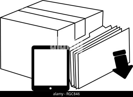 tablet cardboard box and folder downloading files black and white Stock Vector