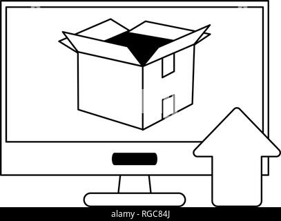 computer uploading box on screen black and white Stock Vector