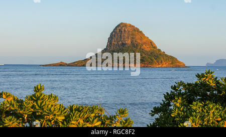 close up shot of Mokoli'i Island (previously known as the outdated term 'Chinaman's Hat') on the windward side of the island, oahu Stock Photo
