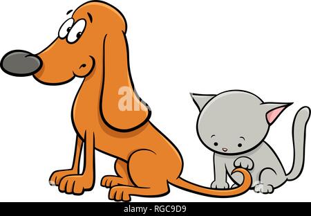 Cartoon Illustration of Dog and Cute Little Kitten Pet Animal Characters Stock Vector