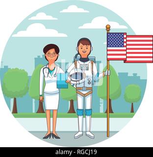 female doctor and astronaut cityscape round icon Stock Vector