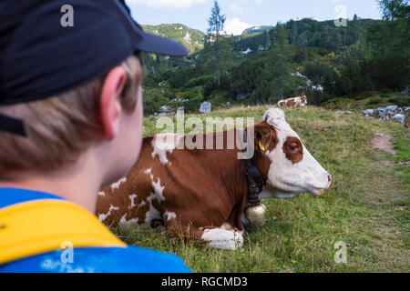 Austrian´, Ausseer Land, Boy watching cow on pasture Stock Photo