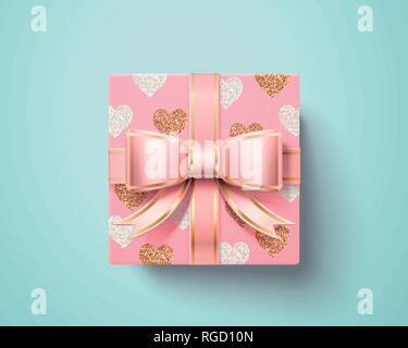 Valentine gift box with pink ribbon bow and heart shaped pattern wrapping paper in top view angle, 3d illustration Stock Vector