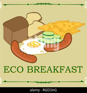 eco-friendly breakfast illustration of bread cheese fried eggs cucumbers and sausages Stock Vector