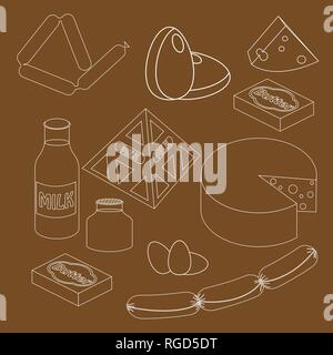 A set of dairy and meat products. Contour image. Vector illustration. Stock Vector
