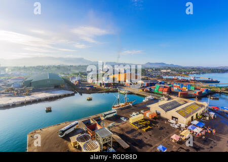 Fiji Islands, Viti Levu, Lautoka, Aerial view of harbour Stock Photo