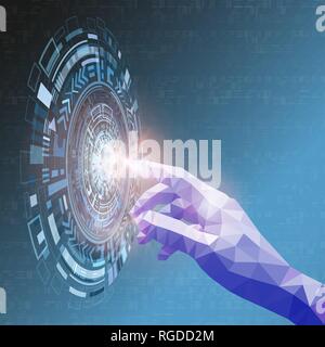 Simply geometric triangular hand touching colorful abstract digital technology screen, Artificial intelligence and future concept. vector illustration Stock Vector