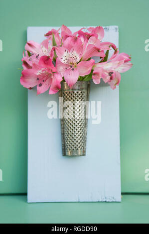 Old nutmeg grater used as flower vase Stock Photo