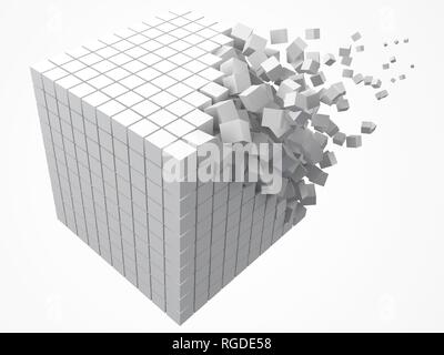 dissolving data block. made with smaller white cubes. 3d pixel style vector illustration. Stock Vector