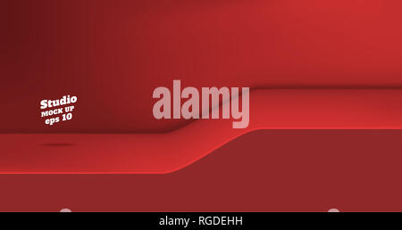 Vector,Empty vivid red color studio table with slope step room background ,product display with copy space for display of content design.Banner for ad Stock Photo