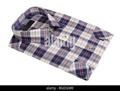 New men's checkered warm shirt. Mass production. Isolated on white studio closeup Stock Photo