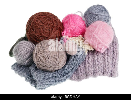 The balls of my grandmother's woolen threads of which she knits socks isolated Stock Photo