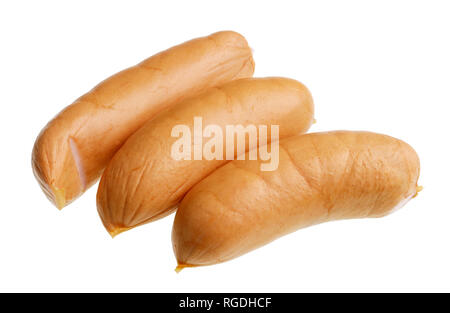 Three thick smoked pork sausages. Isolated on white studio macro Stock Photo