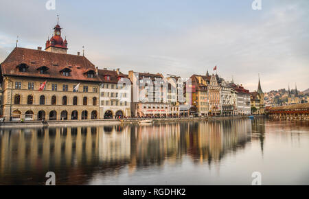 Lucerne, Switzerland - Oct 23, 2018. Views of the famous river promenade of the old town at sunset in Lucerne, Switzerland. Stock Photo