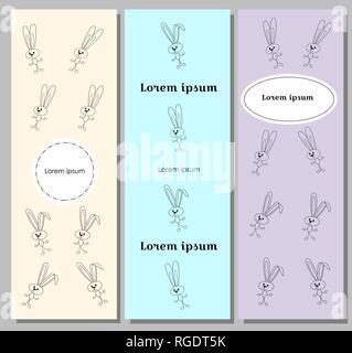 delicate set of flyers with cute contour rabbits in bright colors. Flags, certificates or banners of children subjects. Booklet or style design with b Stock Vector