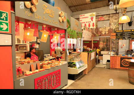 Food stalls at the Bay Harbour market in Hout Bay, Cape Town, South Africa. Stock Photo