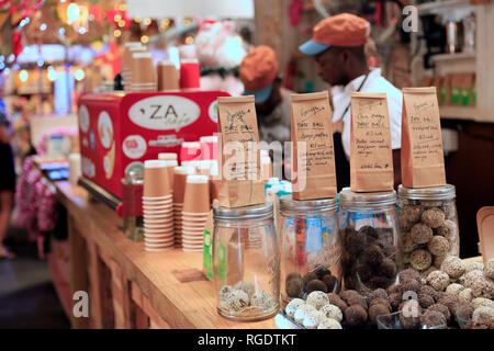 Food stalls at the Bay Harbour market in Hout Bay, Cape Town, South Africa. Stock Photo