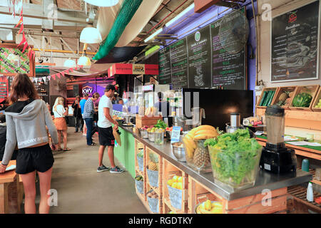 Food stalls at the Bay Harbour market in Hout Bay, Cape Town, South Africa. Stock Photo