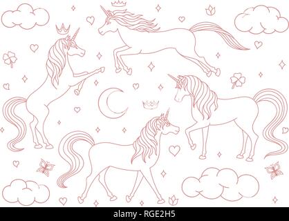 Hand drawn vector cartoon unicorns outline set isolated on white background. Magic creatures with stars, moons, clouds, butterflies, crowns and hearts Stock Vector