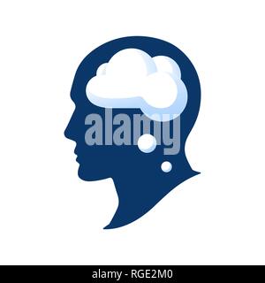 Silhouette of a head with a cloud vector illustation isolated on white background. Thought in the head of man. Cloud in human head Stock Vector